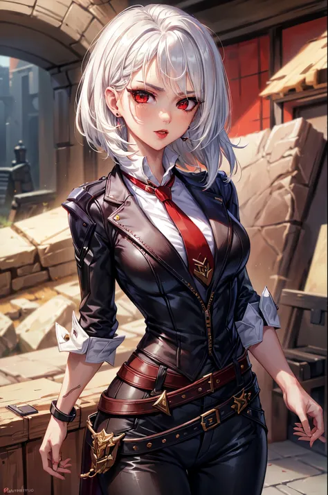 (masterpiece, best quality:1.2), expressive eyes, perfect face, highres, 1girl, solo, AsheOver, mole, earrings, red eyes, white hair,  medium hair, jewelry, makeup, lipstick, necktie, red necktie, thigh strap, black gloves, belt, stud earrings, red lips, s...