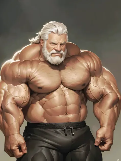 full shots, ground level camera shot, (best quality,4k,8k,highres,masterpiece:1.2),ultra-detailed,(realistic,photorealistic,photo-realistic:1.37),((massive muscular)) ((huge Muscular)) old man standing in photo studio, simple background,  shorts , white ha...