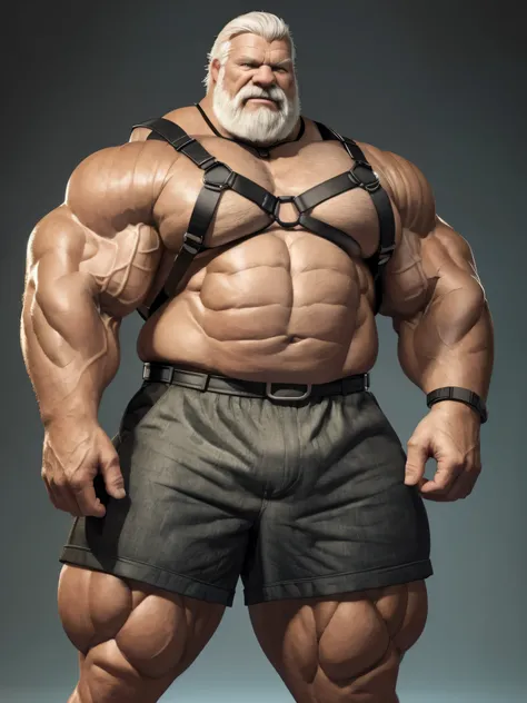 full shots, ground level camera shot, wearing harness, (best quality,4k,8k,highres,masterpiece:1.2),ultra-detailed,(realistic,photorealistic,photo-realistic:1.37),((massive muscular)) ((huge Muscular)) old man standing wearing harness, simple background,  ...