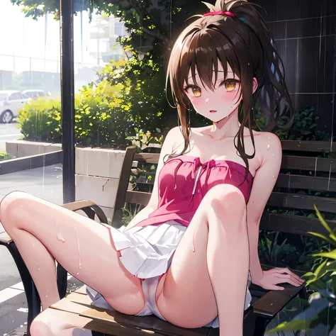 As a matter of fact, 1 woman, 8K resolution, ponytail, brown eyes, glowing eyes, white short skirt, Blush, during the day, sunlight, strapless, Wet from the rain., break through, Sit with your knees raised., Spread your legs, tits, pussy, yuki mikan, 16 ye...