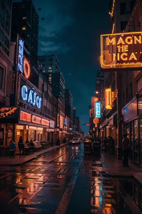 16/9 cinematic realistic wide shot of bradway streets with neon signs and lights show musical theatrical stage decoration chicago style