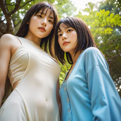 identical twin sisters、(highest quality, High resolution, masterpiece, realistic:1.2),(HDR, Bright colors),2 girls, Japanese, not wearing anything, big , slender and slender body, beautiful face, detailed facial features, pose for a photo,outdoor, professi...