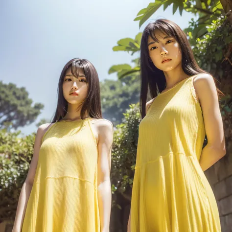 identical twin sisters、(highest quality, High resolution, masterpiece, realistic:1.2),(HDR, Bright colors),2 girls, Japanese, not wearing anything, big , slender and slender body, beautiful face, detailed facial features, pose for a photo,outdoor, professi...