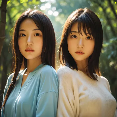 identical twin sisters、(highest quality, high resolution, masterpiece, realistic:1.2),(hdr, bright colors),2 girls, japanese, no...