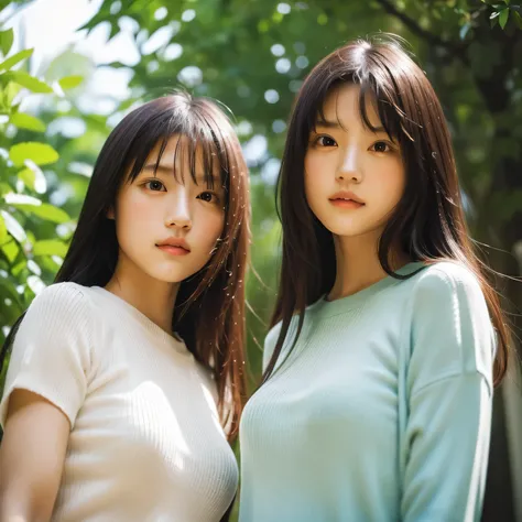 identical twin sisters、(highest quality, High resolution, masterpiece, realistic:1.2),(HDR, Bright colors),2 girls, Japanese, not wearing anything, big , slender and slender body, beautiful face, detailed facial features, pose for a photo,outdoor, professi...