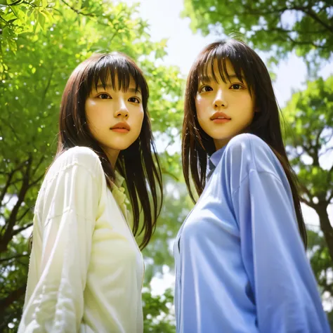 identical twin sisters、(highest quality, High resolution, masterpiece, realistic:1.2),(HDR, Bright colors),2 girls, Japanese, not wearing anything, big , slender and slender body, beautiful face, detailed facial features, pose for a photo,outdoor, professi...