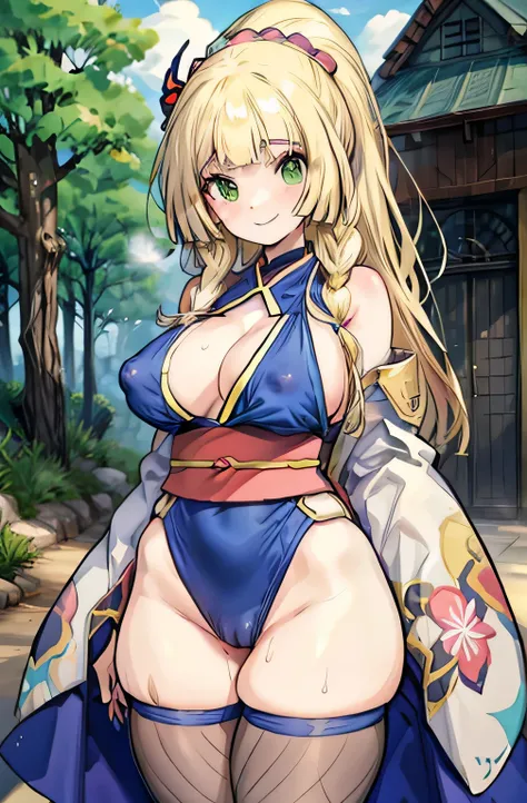 Erotic Anime Illustration、Highest quality、A plump gal ninja flirts in the forest、Outdoor Exposure、Perfect proportions、colorful ninja costume、Fishnet tights、Overwhelmingly large breasts、thick legs with fat、Large areola、Beautiful shining eyes、Cowboy Shot、Be ...