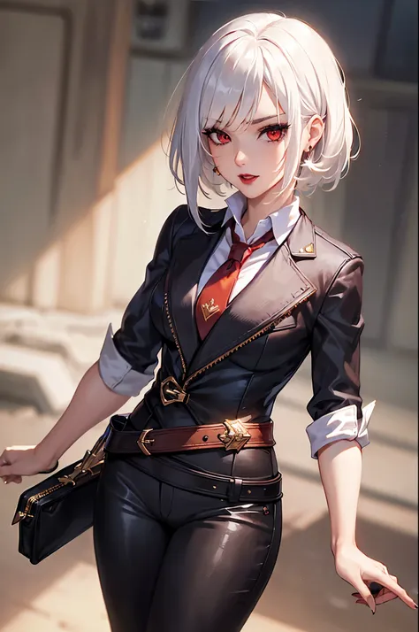 (masterpiece, best quality:1.2), expressive eyes, perfect face, highres, 1girl, solo, AsheOver, mole, earrings, red eyes, white hair,  medium hair, jewelry, makeup, lipstick, necktie, red necktie, thigh strap, black gloves, belt, stud earrings, red lips, s...