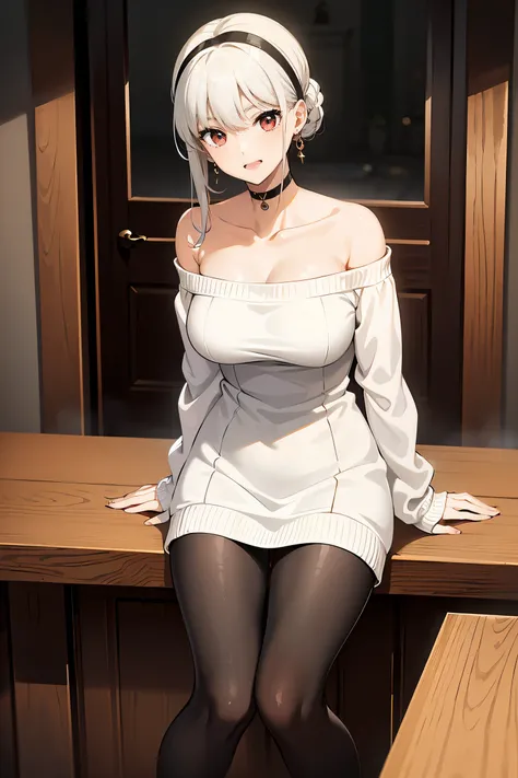 masterpiece, Yoru, One girl, alone, Magazine Cover,Official Art,View your viewers, Open your mouth, Black Hair, Red eyes, dress, Exposing shoulders, jewelry, clavicle, Side Lock, hair band, Earrings, indoor, Off the shoulder, sweater,balck pantyhose,Put yo...