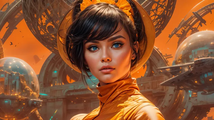 arafed image of a woman in a futuristic suit with a spaceship in the background, movie art, in front of an orange background, inspired by Robert McGinnis, female protagonist, megastructure in the background, portrait of an ai astronaut, astronauts, an astr...