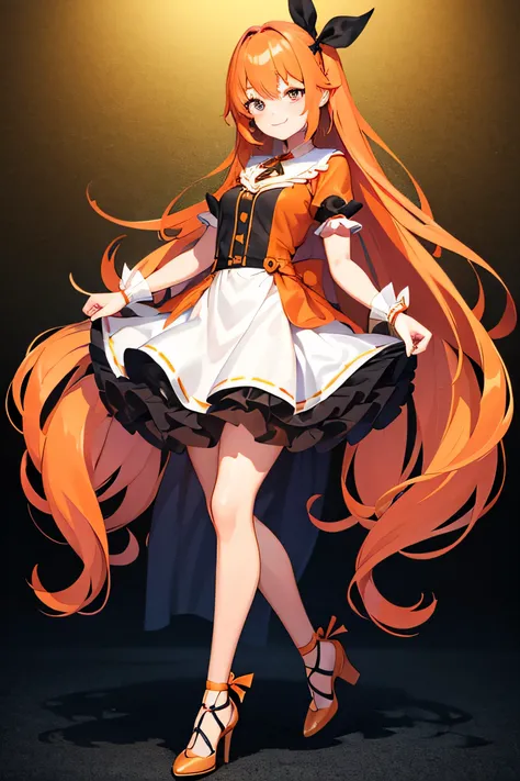 1 girl, smile, orange hair, long hair with ribbon, happy smile,party uniform, expressionless eyes, full body portrait