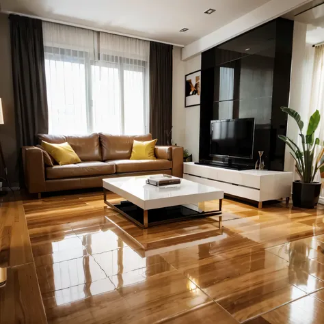 arafed living room with a couch, coffee table, and television, hardwood floors, modern living room, hardwood floor, wooden floor, glossy design, wooden floors, shiny floors, glossy surface, wood floor, high gloss, interior living room, decorated polished w...