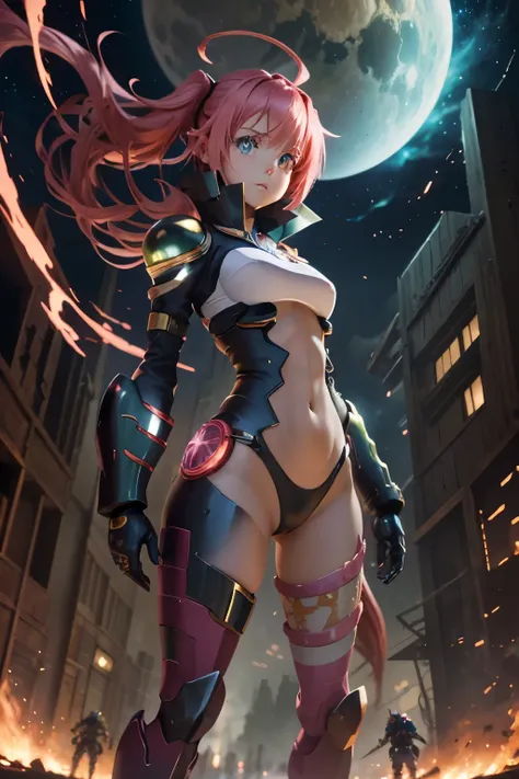 (best quality,highres:1.2), detailed fantasy art, serious expression, robot-like eyes, fighting stance, milim de tensei shitara slime datta ken, el cabello es rosa, va viajando en una moto futurista, los ojos son de robot, detailed fantasy art, postura de ...