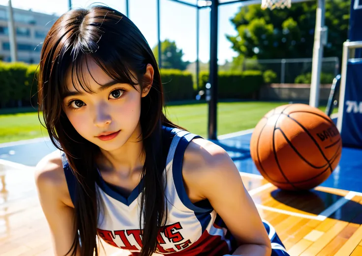 A beautiful girl wearing basketball uniform on the basketball court