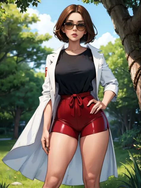 Dominican girl wearing shades, red tight romper, long legs, seductive blue eyes, and a dark shirt, blurred green grass and trees in the background, short brown hair, highly detailed face, high quality, high resolution, kissing another woman