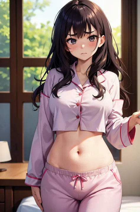 super fine illustration, vibrant colors, masterpiece, sharp focus, best quality, depth of field, cinematic lighting, ultra detailed, sleeves, crop top, pajamas, button up, sweat pants, 1 woman, home, solo, milf, very messy hair, dark color hair, curly hair...