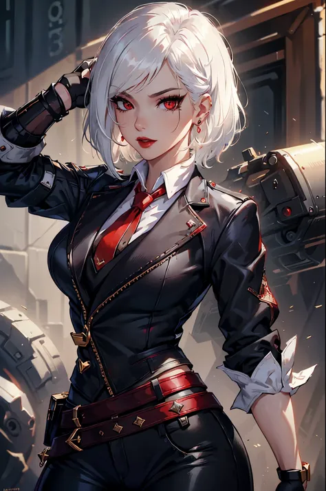 (masterpiece, best quality:1.2), expressive eyes, perfect face, highres, 1girl, solo, AsheOver, mole, earrings, red eyes, white hair,  medium hair, jewelry, makeup, lipstick, necktie, red necktie, thigh strap, black gloves, belt, stud earrings, red lips, s...