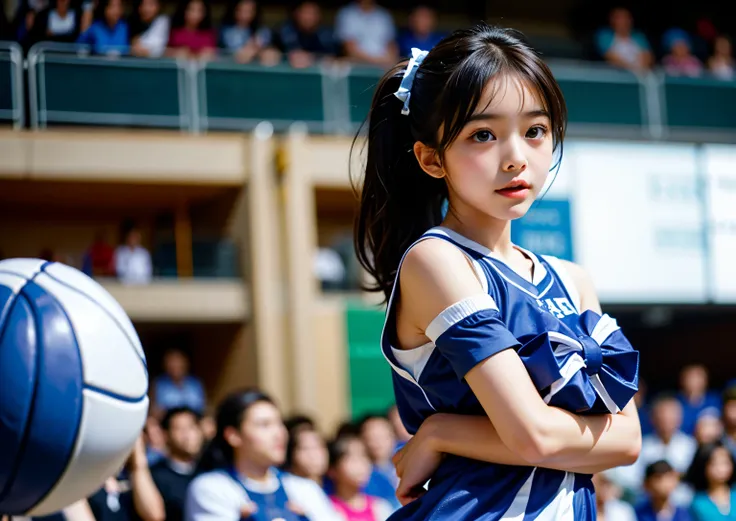 A beautiful girl in cheerleading uniform on the basketball court
