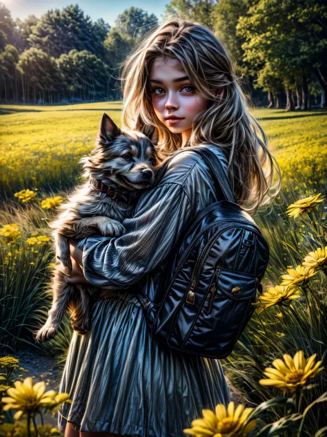 Highly detailed, ultra realistic, 8k,4k, A very charming young girl with a backpack and her cute puppy enjoying a lovely spring outing surrounded by beautiful yellow flowers and nature. The illustration is a high-definition illustration in 4k resolution, f...