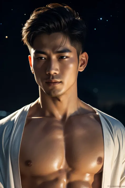 (8K, RAW photo, Highest quality), Realistic, Japanese man, frontage, Intricate details, Closed mouth, Extremely detailed eyes and eyelasheuscular male, Manly,l ooks away, Male focus, Solo, Open the transparent robe，Exposing the pectoral muscles，Exposing ab...