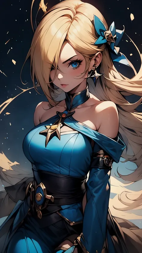 Rosalina wearing Roupa de Kitana from Mortal Kombat II, Roupa de Kitana, terno azul, Kunoichi simples, Rosalina parece, loiro, long hair loiro womans