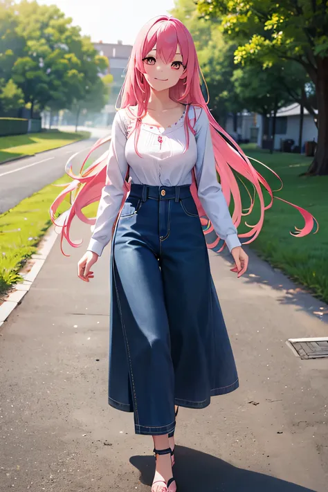 quality image, detail, detailing, 1 girl, smile, pink hair, long hair with red ribbon, happy smile,wearing casual long dress, denim, expressionless eyes, full body portrait, detail air, walking spring
