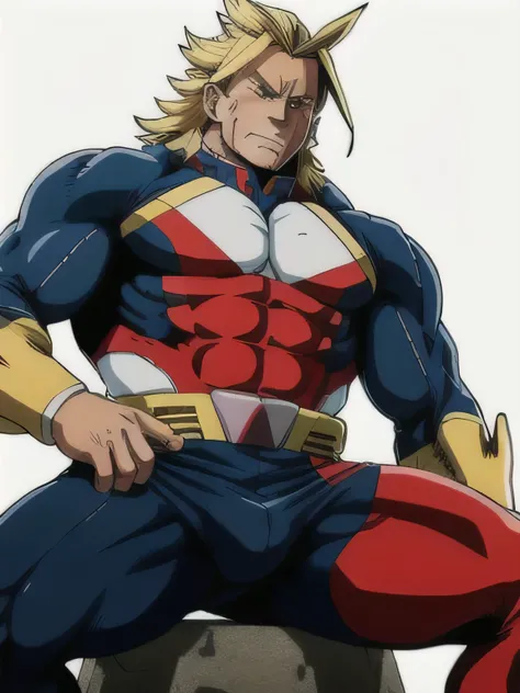 best quality, high resolution, anime, allmight, hunk, wet clothes, from front, lower body only, frontlight, nstf, crotch,