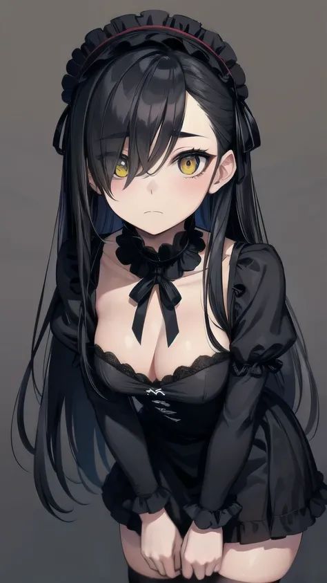 (masterpiece), best quality, expressive eyes, perfect face, lolita fashion, gothic lolita, mature female, medium breasts, Cleavage, long hair, (hair over one eye), very long hair, straight hair, black hair BREAK yellow eye BREAK black dress, black thighhig...