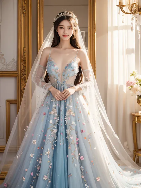 A woman in a dress is standing in a room with flowers, fancy dress, magic dress, intricate fancy dress, celestial fairy tale, fancy long intricate gown, ethereal fancy, very magical and dreamy, vibrant fancy style, iridescent. fancy, translucent dress, col...