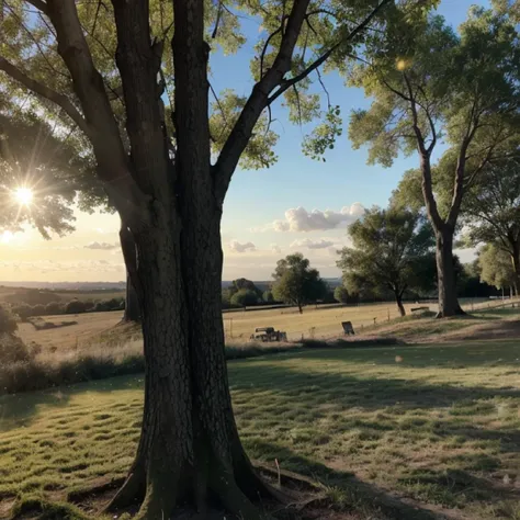 Araffes in a field with trees, hierba y sol., tarde de finales de verano, morning golden hour, beautiful al final de la tarde, summer morning light, ambiente de verano, al final de la tarde light, laying under a tree on a farm, luz de la madrugada, tarde d...