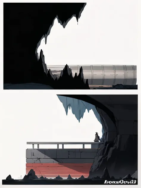 there are two photos of a man standing in a cave, arte conceitual escura de alto contraste, illustration concept art, arte conceitual limpa, arte conceitual do arquilecto, desenvolvimento visual, artes conceituais, inspirado em Krenz Cushart, Arte conceitu...