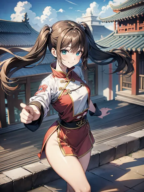 Medieval fantasy worldview、Top view、Highest quality、masterpiece、Highest Resolution、movie、photograph、A vividly colored anime picture、female martial artist:1.3、Short:1.3、brown hair、Very short twin tails、Green Chinese training clothes:1.3、stern smile、Small br...