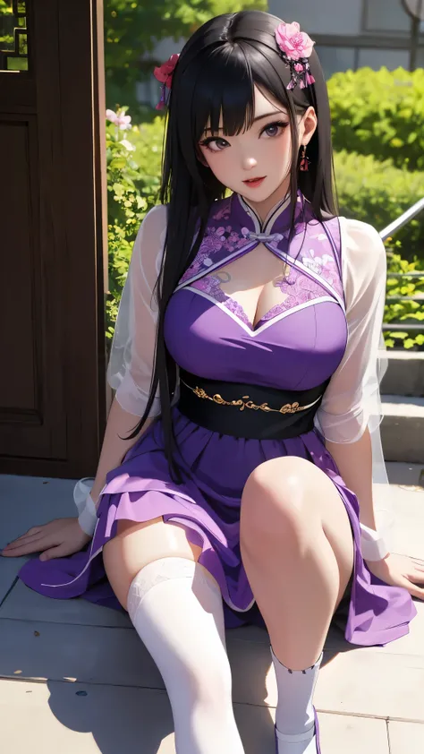 Super realistic 8k, cg, flawless, cute expressions, complex details. The 18-year-old girl is wearing a purple chiffon Chinese dress and long socks, with the best quality and realistic photos,