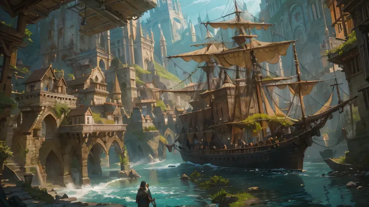 (by Greg Rutkowski: 1.2), (masterpiece), (best quality), extremely delicate and beautiful, illustration, (fantasy landscape), A mesmerizing fantasy landscape with enchanting elements blending seamlessly. (medieval coastal city (Neverwinter), dungeon and dr...