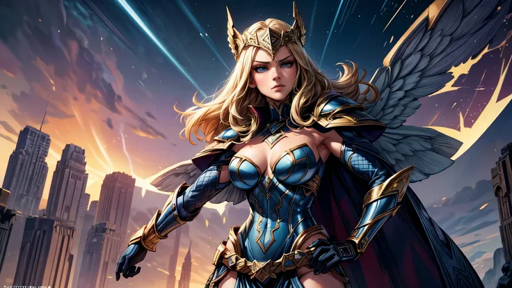 masterpiece, best quality, masterpiece, godlike quality, godlike art, highly detailed face, 1woman, digital illustration of Thundra, the Asgardian hero, standing confidently in her dark blue/purple armor with gold trim inspired by Jack Kirbys designs. blon...