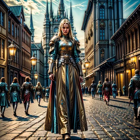 (full pieces,high quality,4k,ultra detailed),a group of women with (colored, vibrant colored) hair,(extremely, exquisitely, finely) detailed medieval paladin dress armor,standing in a (majestic, enchanting) medieval city with a castle background，(bright, v...