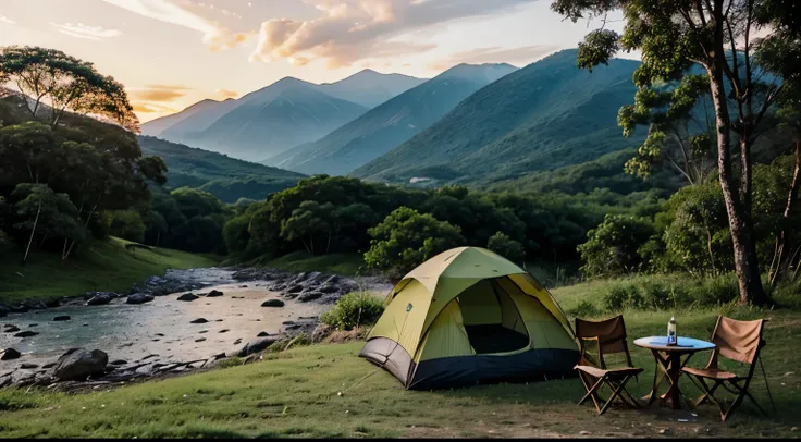 a camping scene in a picturesque setting, um barraca perto da cachoeira
