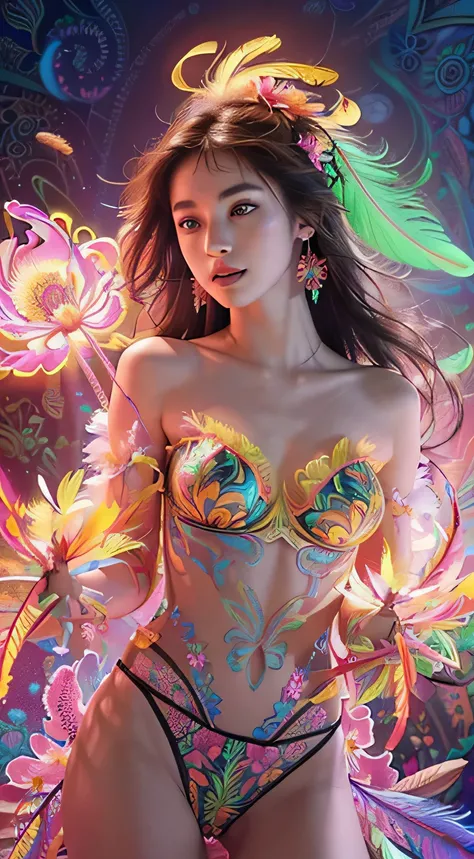 (masterpiece, top quality, best quality, official art, Beautiful and beautiful:1.2), (1 Girl:1.3), Extremely detailed,(Fractal Art:1.1),(rich and colorful:1.1)(Flowers:1.3),The most detailed,(Zentangle neon light:1.2), (Dynamic poses), (Neon geometric back...