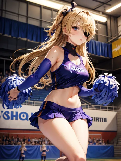 fischl from genshin impact game, as a cheerleader, wearing cheerleader outfit, at a volleyball court, blonde colour hair, eye pa...