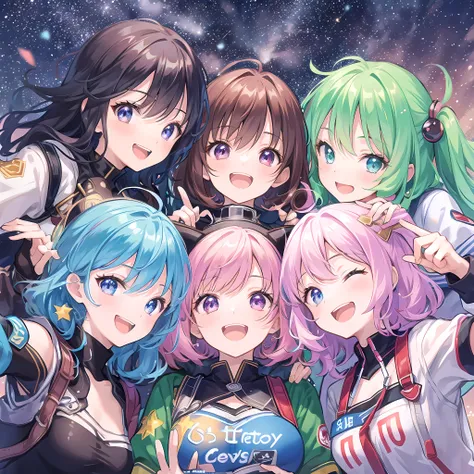 6+ girls, multiple colored hairs, random heroine clothes, random cute faces, game heroines, super happy smiling, open mouth, closed eyes, group shot, zoom camera, peace sign, happy end, starry sky