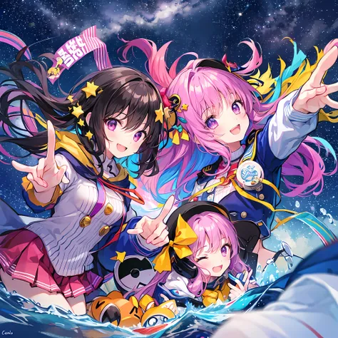 6+ girls, multiple colored hairs, random heroine clothes, random cute faces, game heroines, super happy smiling, open mouth, closed eyes, group shot, zoom camera, peace sign, happy end, starry sky