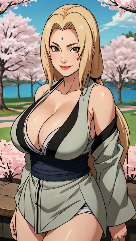 masterpiece， best quality at best， (1girl)， tsunade senju， large breast，（cleavage)，（upperbody closeup)，raised sexy， shy，smile，lo...