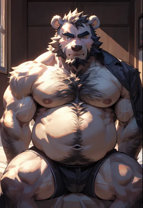 Anime Characters,Big belly,Big belly,Sitting on the bed, Hairy chest, Fluffy chest, Anthropomorphic white bear, SFW version, hairy body, pov furry art, Highest rated on pixiv, Hairy body, On pixiv, furry anime, Hairy, thick fuzz on neck and chest