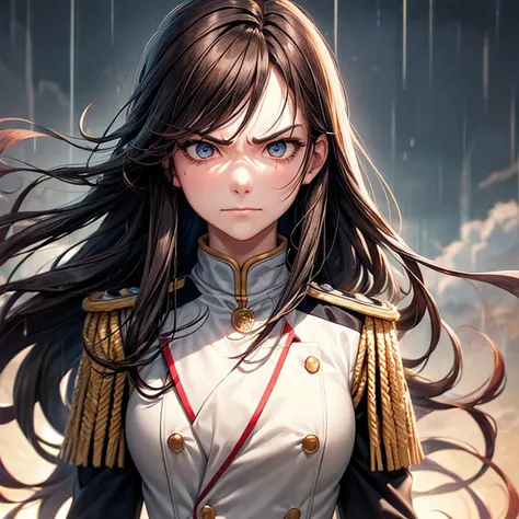 woman　one person　Long Hair　Brown Hair　uniform　smile　Angry face　Detailed facial expression depiction　Detailed hair depiction　Depicting the upper body　Perfect composition　ruins　Left diagonal view　evening　rain　