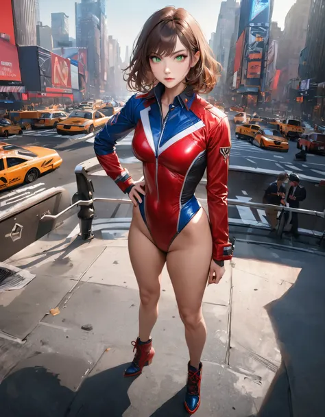 ((best quality)), ((masterpiece)), ((ultra realistic)), (dynamic heroic pose), solo, solo focus, american, beautiful detailed face, detailed eyes, sexy reporter, ((dressed in a red leotard with blue accents)), new york city backdrop, highly detailed, profe...