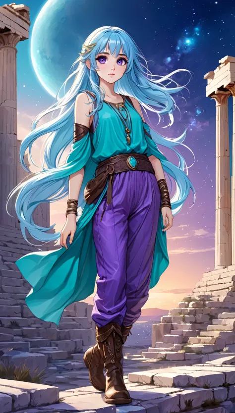 Masterpiece. High-resolution. 1girl about 20 years old. Pretty beautiful girl. Pretty big purple eyes. Delicate face. Beautiful face. (((Long light blue hair))). Straight hair. Messy hair. Hair bangs. Turquoise tunic. Purple tide pants. Leather boots. Gree...