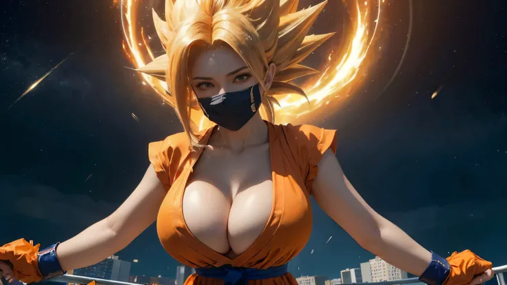 ((best quality)), ((masterpiece)), (detailed), perfect face, Dragon Ball anime, ((Laura/woman, big breasts, extremely beautiful)), ((Super Saiyan Superior Instinct)) {transformed into Super Saiyan wearing Goku costume, emanating golden magic aura ((circlin...