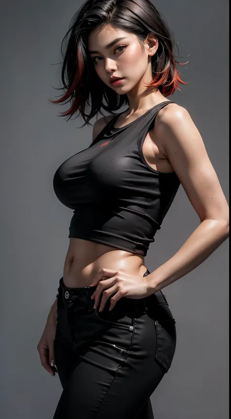 ((best quality)), ((artwork)), (detailed: 1.4), Beautiful woman, Asian, short black sleeveless t-shirt, black late pants, short black hair with red highlights, paint, (alone), realistic , ((artwork)), (best quality), (detailed), (1 girl), big breasts, sexy...