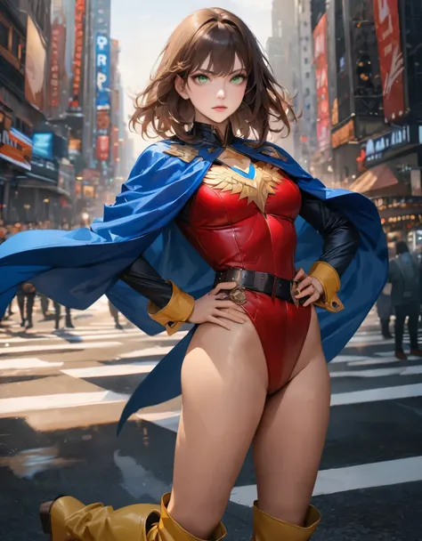 ((best quality)), ((masterpiece)), ((ultra realistic)), (dynamic heroic pose), solo, solo focus, american, beautiful detailed face, detailed eyes, sexy superhero, ((dressed in a red leotard with blue accents)), new york city backdrop, highly detailed, prof...