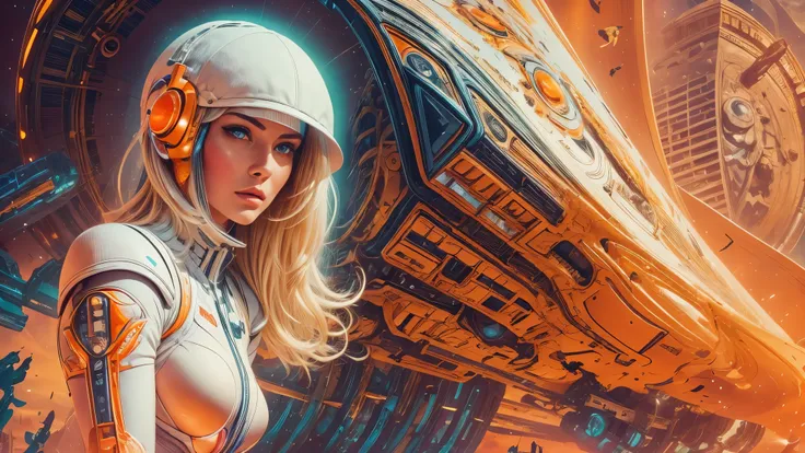 arafed image of a white woman in a futuristic suit with a spaceship in the background, movie art, in front of an orange background, inspired by Robert McGinnis, female protagonist, megastructure in the background, portrait of an ai astronaut, astronauts, a...